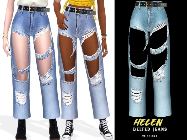Alpha Helen Belted Ripped Jeans by grafity-cc - The Sims 4 Custom Content