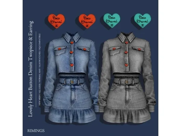 Alpha Lovely Heart Button Denim Twopiece Earring by RIMINGS - The Sims 4 Custom Content