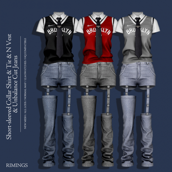 Alpha [RIMINGS] Short sleeved Collar Shirt Tie N Vest Unbalance Cut Jeans by simsfinds - The Sims 4 Custom Content
