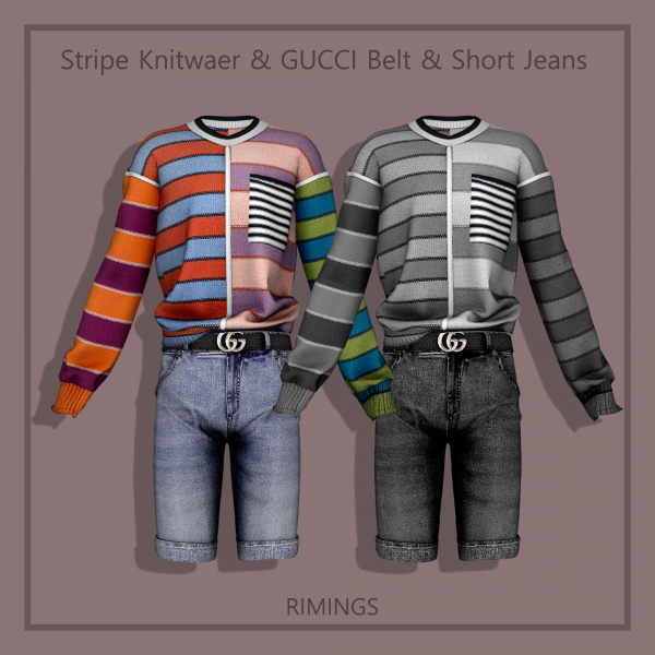 Alpha [RIMINGS] Stripe Knitwear G Belt Short Jeans by simsfinds - The Sims 4 Custom Content