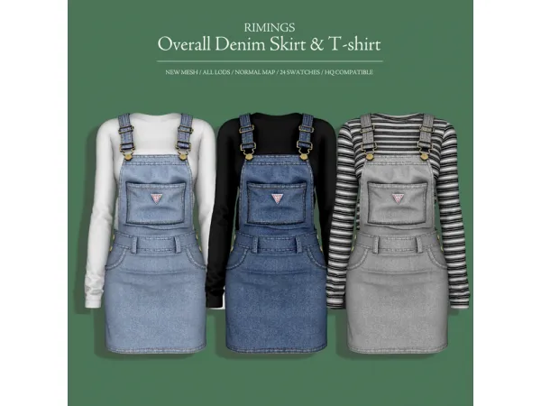 Alpha Overall Denim Skirt T shirt by [RIMINGS] - The Sims 4 Custom Content