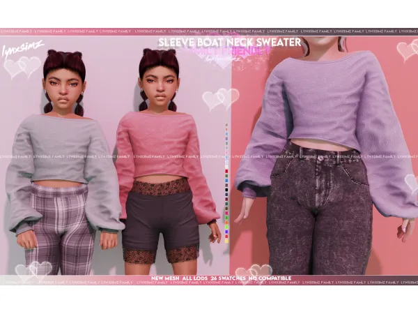 Alpha Sleeve Boat Neck Sweater Child by lynxsimz - The Sims 4 Custom Content