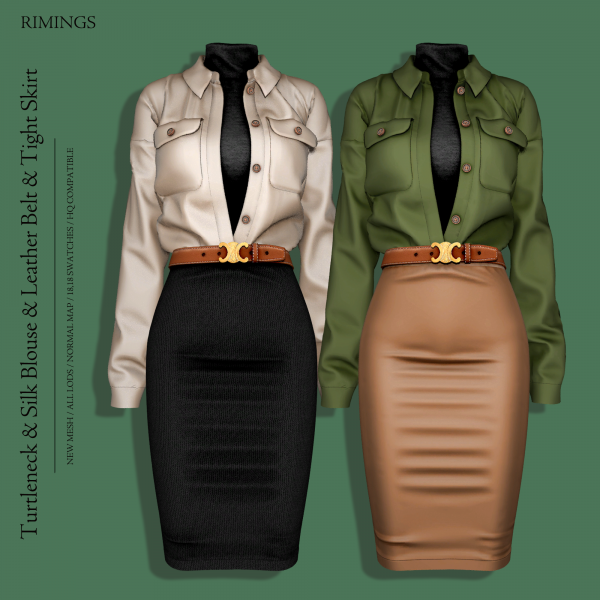 Alpha [RIMINGS] Turtleneck Silk Blouse Leather Belt Tight Skirt by simsfinds - The Sims 4 Custom Content