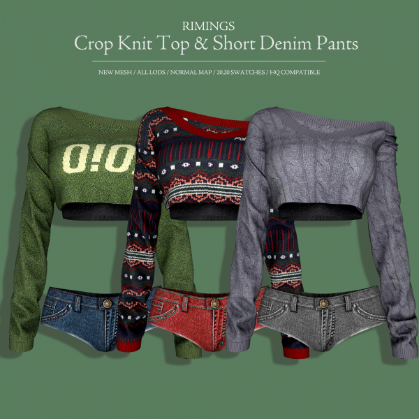 Alpha [RIMINGS] Crop Knit Top Short Denim Pants by simsfinds - The Sims 4 Custom Content