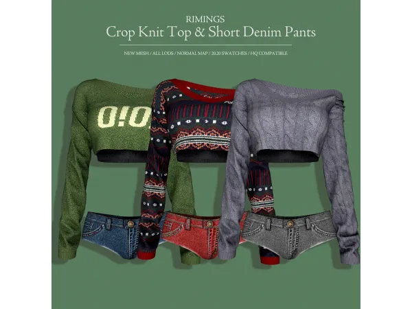 Alpha [RIMINGS] Crop Knit Top Short Denim Pants by RIMINGS - The Sims 4 Custom Content