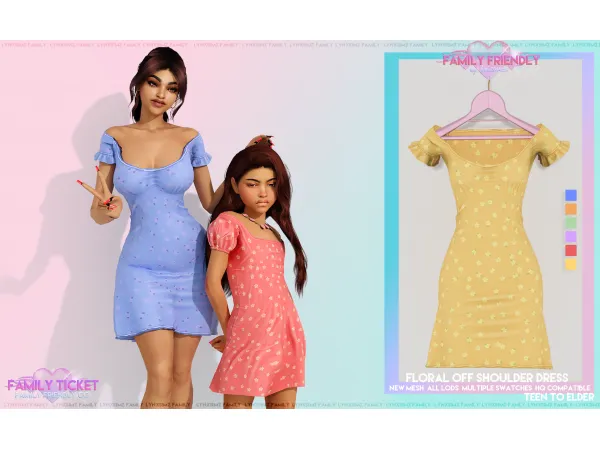 Alpha Floral Off Shoulder Dress Teen to Elder by LYNXsimz Family - The Sims 4 Custom Content