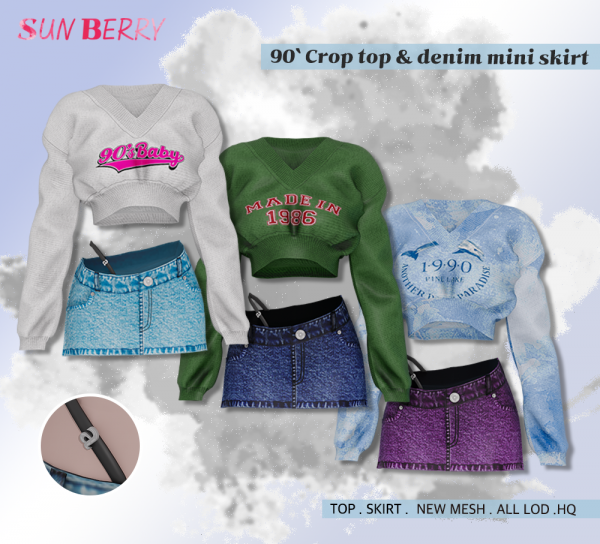 Alpha 90' Crop top denim mini skirt by simsfinds - The Sims 4 Custom Content