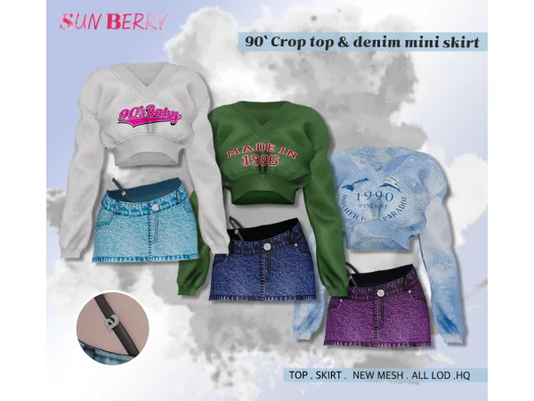 90' Crop top & denim mini skirt by SUNBERRY