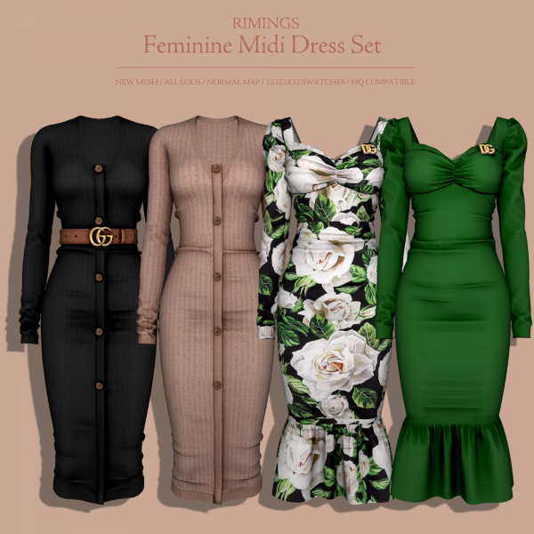 Alpha [RIMINGS] Feminine Midi Dress Set by simsfinds - The Sims 4 Custom Content