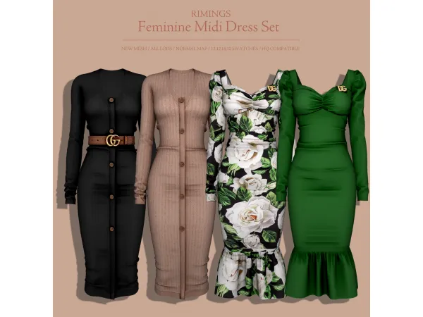 Alpha [RIMINGS] Feminine Midi Dress Set by RIMINGS - The Sims 4 Custom Content