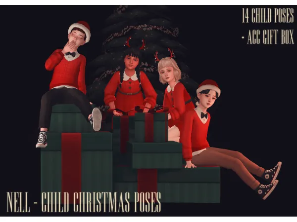 Mix Child Christmas Poses ( Acc Gift Box) by NELL - The Sims 4 Custom Content