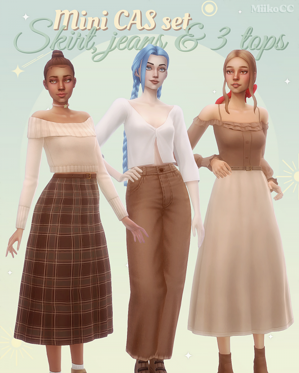 Maxis Match Mini CAS set No1 Skirt jeans 3 tops by simsfinds - The Sims 4 Custom Content