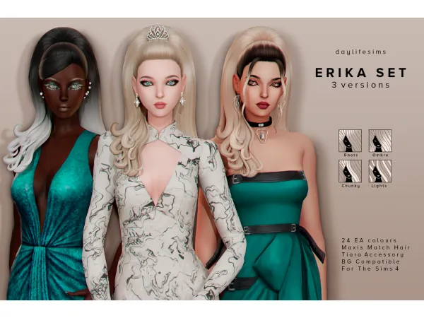 Maxis Match ERIKA HAIR SET 3 versions by simsfinds - The Sims 4 Custom Content