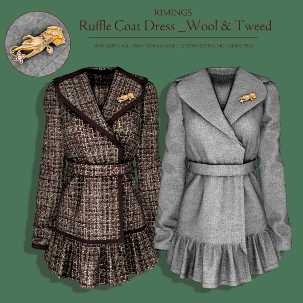 Alpha [RIMINGS] Ruffle Coat Dress _Wool Tweed by simsfinds - The Sims 4 Custom Content