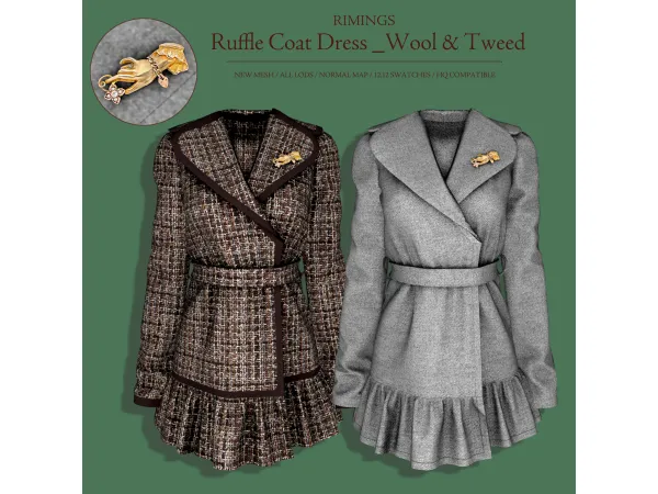 Alpha [RIMINGS] Ruffle Coat Dress _Wool Tweed by RIMINGS - The Sims 4 Custom Content