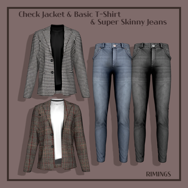 Alpha Check Jacket Basic T Shirt Super Skinny Jeans by simsfinds - The Sims 4 Custom Content
