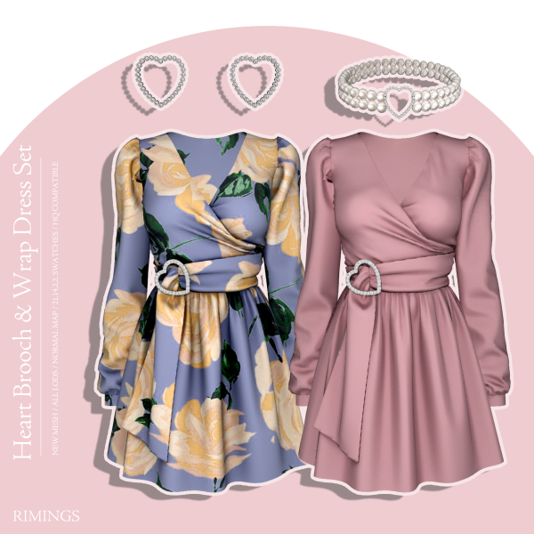 Alpha [RIMINGS] Heart Brooch Wrap Dress Set by simsfinds - The Sims 4 Custom Content