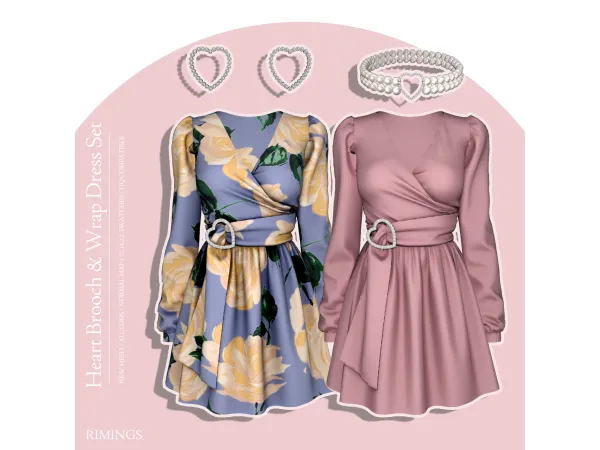 Alpha [RIMINGS] Heart Brooch Wrap Dress Set - The Sims 4 Custom Content