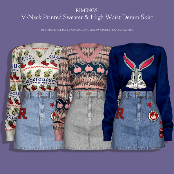 Alpha [RIMINGS] V Neck Printed Sweater High Waist Denim Skirt by simsfinds - The Sims 4 Custom Content