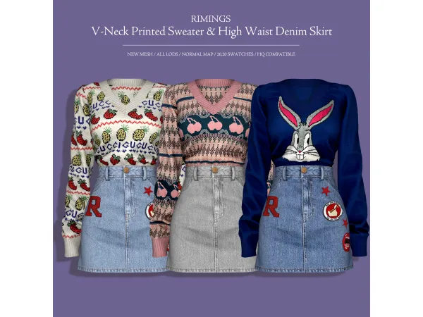 Alpha [RIMINGS] V Neck Printed Sweater High Waist Denim Skirt by RIMINGS - The Sims 4 Custom Content