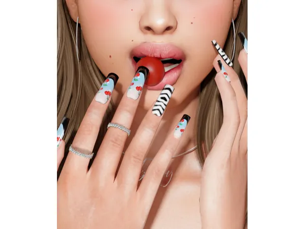 Alpha [TINA SIMS] Cherry Sparkle nails set - The Sims 4 Custom Content