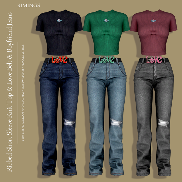 Alpha [RIMINGS] Ribbed Short Sleeve Knit Top Love Belt Boyfriend Jeans by simsfinds - The Sims 4 Custom Content