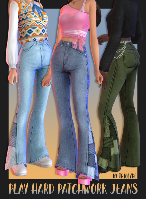 Maxis Match Play Hard Patchwork Jeans by simsfinds - The Sims 4 Custom Content
