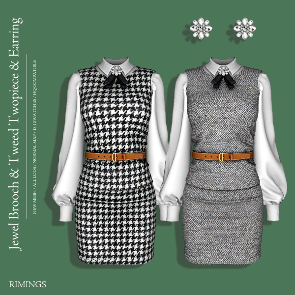 Alpha [RIMINGS] Jewel Brooch Tweed Twopiece Earring by simsfinds - The Sims 4 Custom Content