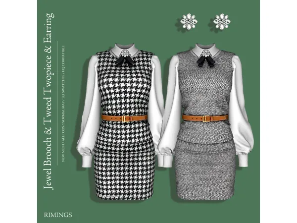 Alpha [RIMINGS] Jewel Brooch Tweed Twopiece Earring by RIMINGS - The Sims 4 Custom Content