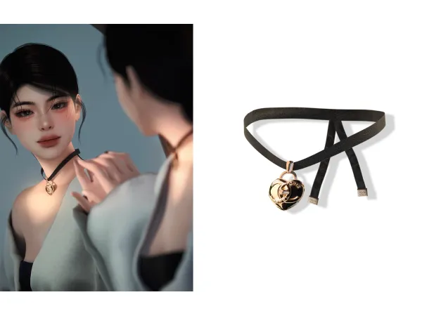 Alpha Metal Heart Leather Choker by Chih - The Sims 4 Custom Content