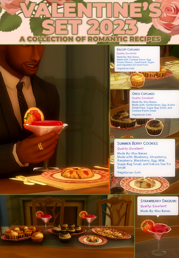 Mix Valentine's Day Pack 2023 New Custom Recipe Set by simsfinds - The Sims 4 Custom Content