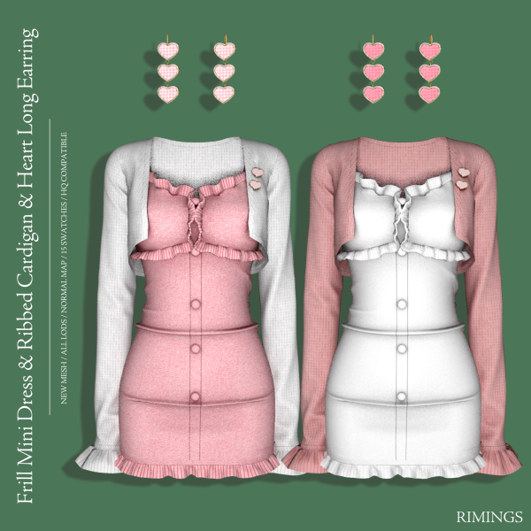Alpha [RIMINGS] Frill Mini Dress Ribbed Cardigan Earring by simsfinds - The Sims 4 Custom Content