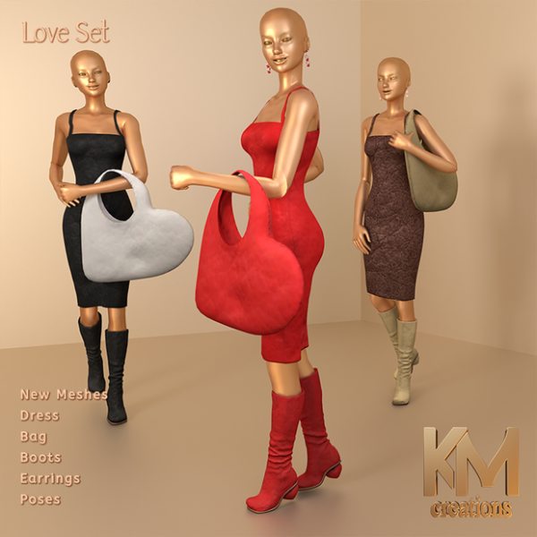 Alpha [KM] Love Set Dress Boots Bag Poses Earrings by kmcreations_ts4 - The Sims 4 Custom Content