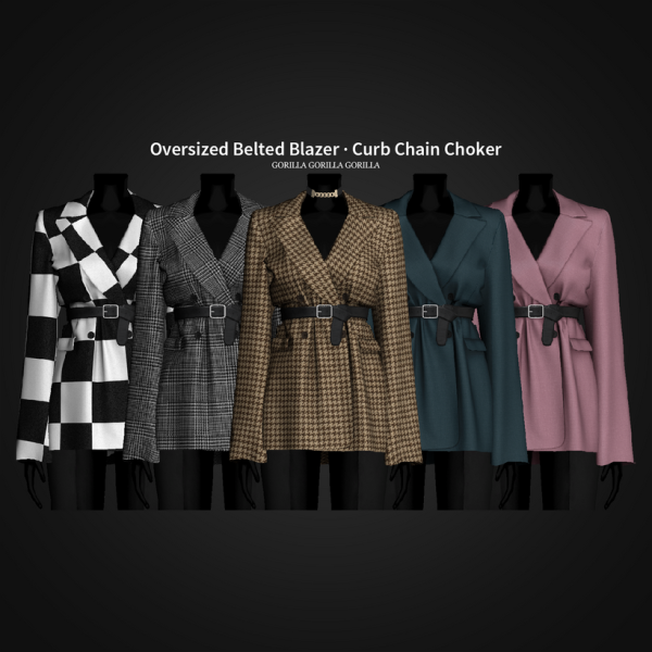 Alpha Oversized Belted Blazer Curb Chain Choker by simsfinds - The Sims 4 Custom Content