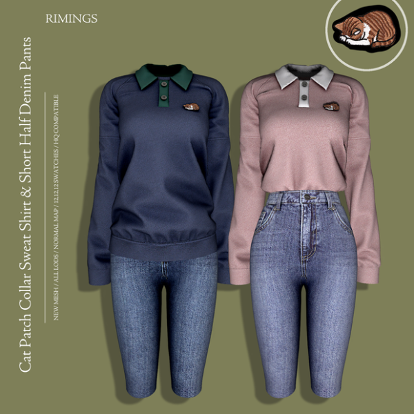 Alpha [RIMINGS] Cat Patch Collar Sweat Shirt Short Half Denim Pants by simsfinds - The Sims 4 Custom Content