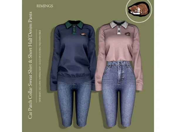 [RIMINGS] Cat Patch Collar Sweat Shirt & Short Half Denim Pants by RIMINGS