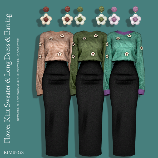 Alpha [RIMINGS] Flower Kint Sweater Long Dress Earring by simsfinds - The Sims 4 Custom Content