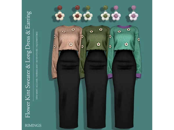 Alpha [RIMINGS] Flower Kint Sweater Long Dress Earring by RIMINGS - The Sims 4 Custom Content