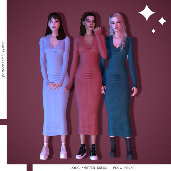 Alpha Long Knitted Dress PoloNeck by luxysims - The Sims 4 Custom Content
