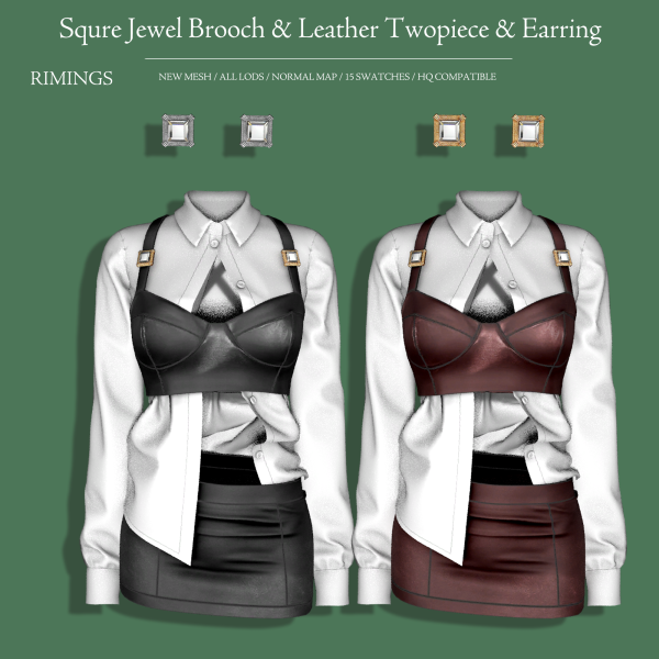 Alpha [RIMINGS] Squre Jewel Brooch Leather Twopiece Earring by simsfinds - The Sims 4 Custom Content