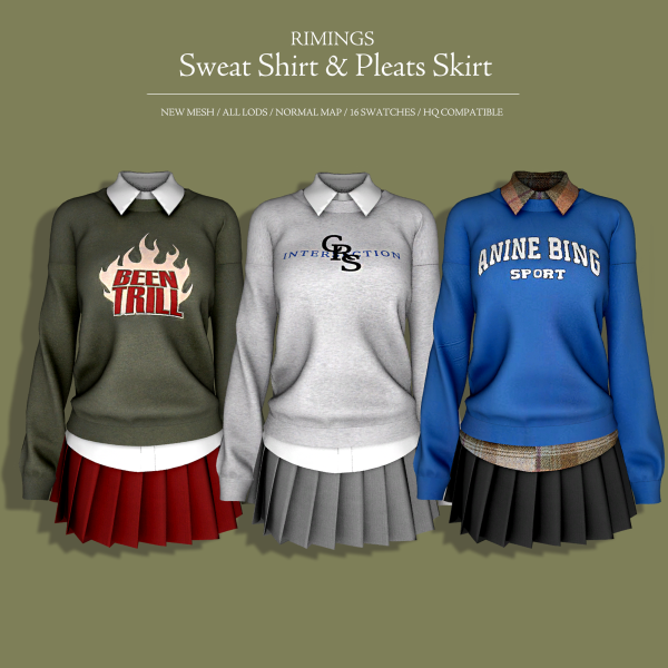 Alpha [RIMINGS] Sweat Shirt Pleats Skirt by simsfinds - The Sims 4 Custom Content
