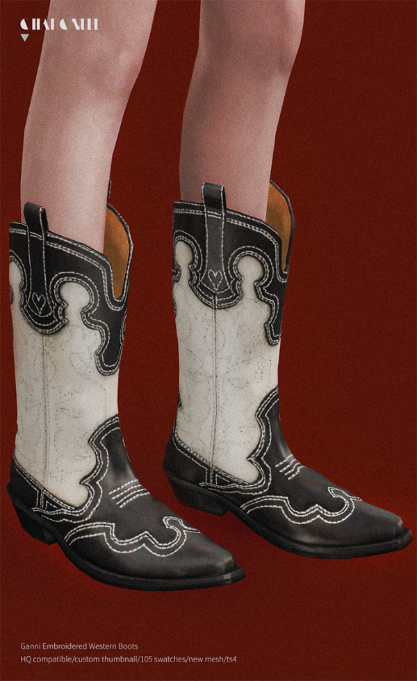 Alpha Ganni Embroidered Western Boots by simsfinds - The Sims 4 Custom Content
