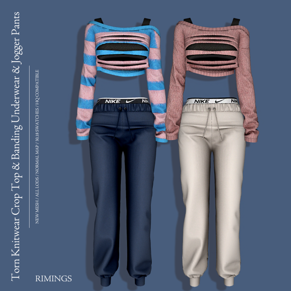 Alpha [RIMINGS] Torn Knitwear Crop Top Banding Underwear Jogger Pants by simsfinds - The Sims 4 Custom Content