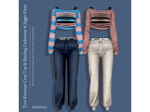 Alpha [RIMINGS] Torn Knitwear Crop Top Banding Underwear Jogger Pants by RIMINGS - The Sims 4 Custom Content