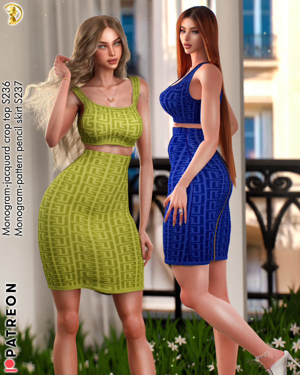 Alpha Monogram jacquard crop top S236 Monogram pattern pencil skirt S237 UPDATE by daphsmods - The Sims 4 Custom Content