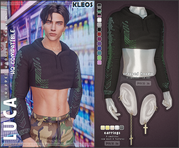 Alpha Luca Cropped Hoodie Earrings by smsims - The Sims 4 Custom Content