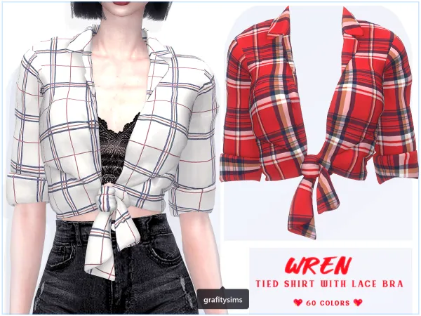 Alpha Wren Tied Shirt With Or Without Lace Bra by grafity-cc - The Sims 4 Custom Content
