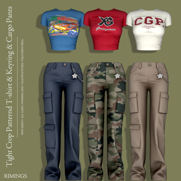 Alpha [RIMINGS] Tight Crop Patternd T shirt Keyring Cargo Pants by simsfinds - The Sims 4 Custom Content