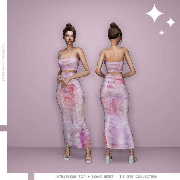Alpha Strapless Top Long Skirt Tie Dye Collection by luxysims - The Sims 4 Custom Content