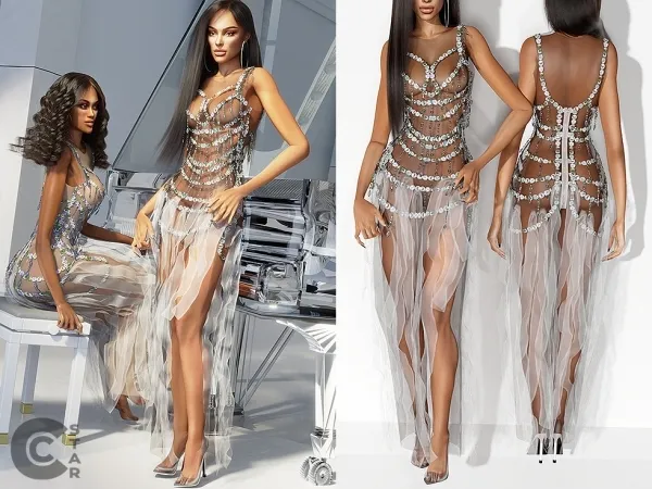 Alpha Sheer Gown with Crystals and Lace Fringes by cool_content_star - The Sims 4 custom content